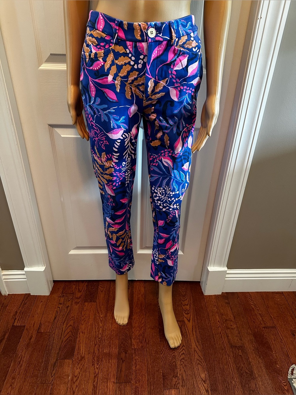Lilly Pulitzer Royal Blue Floral Cropped Stretch Pants with Pink & Gold Accents